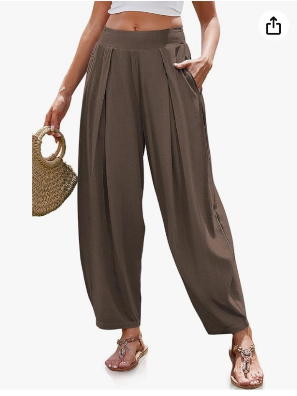 Tarse Brown Smocked Waist Barrel Leg Harem Pants Oversized Pockets Wide Leg